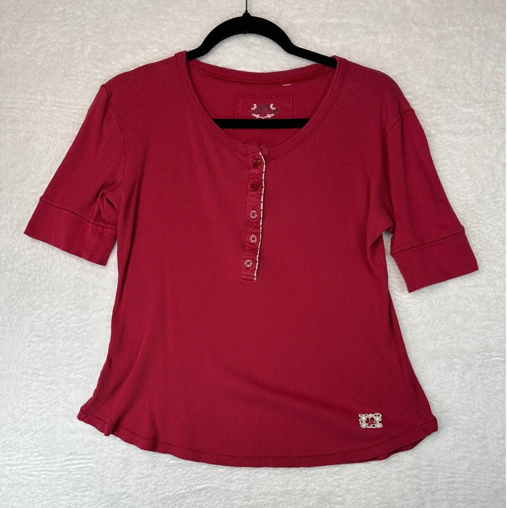 SO Top Henley Womens Large Red Ribbed Short Sleeve Button Front Casual